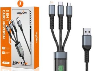 Cabo Carregador 3 em 1 Type-C V8 Lightning 20W 1.2 Metros + frete grátis